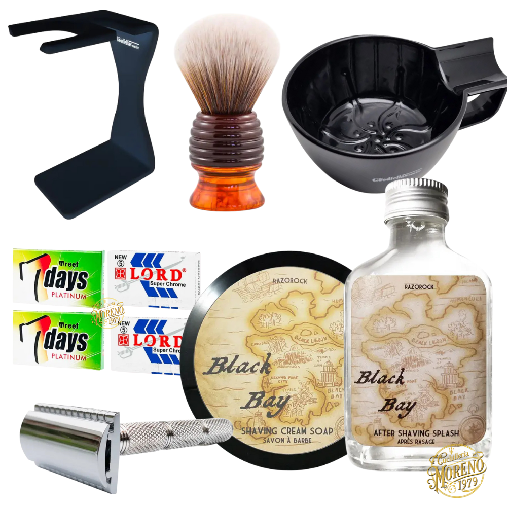 Pack de Afeitado Clásico ITALIANO Principiante Avanzado RAZOROCK TGS BLACKBAY